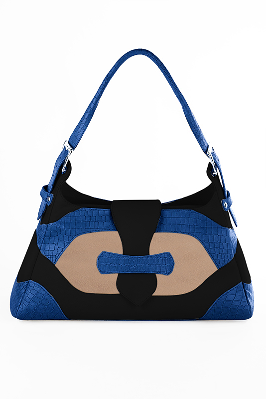 Grand sac porté à l'épaule habillé femme en cuir bleu électrique, beige biscuit et noir mat - Vue du dessus