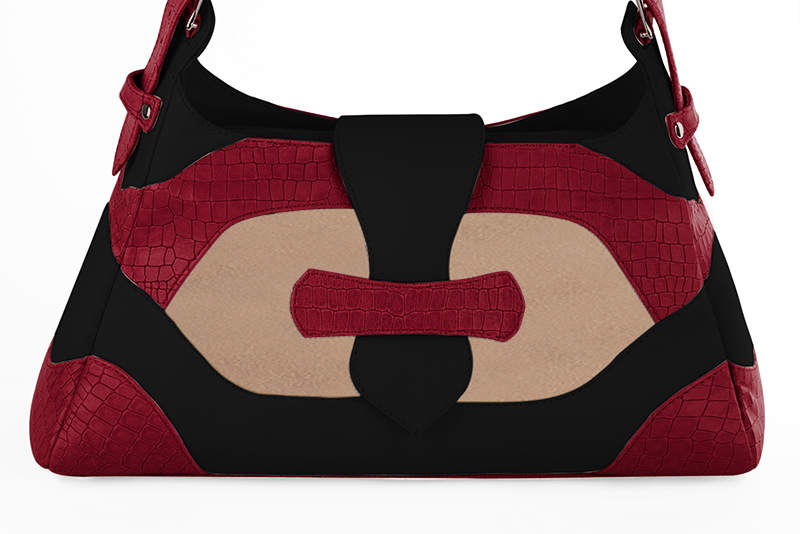 Grand sac porté à l'épaule habillé femme en cuir rouge carmin, blanc ivoire et noir mat - Vue de profil