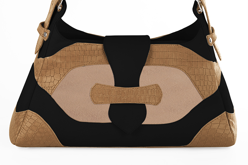 Grand sac porté à l'épaule habillé femme en cuir beige camel, beige biscuit et noir mat - Vue de profil