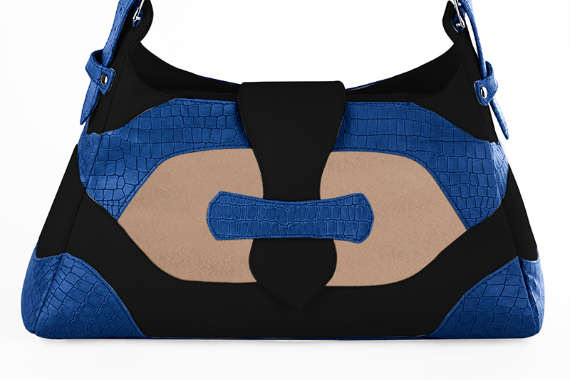 Grand sac porté à l'épaule habillé femme en cuir bleu électrique, beige biscuit et noir mat - Vue de profil