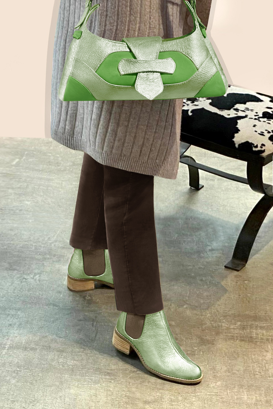 Sac porté à l'épaule habillé femme en cuir vert anis et vert pastel - Vue porté