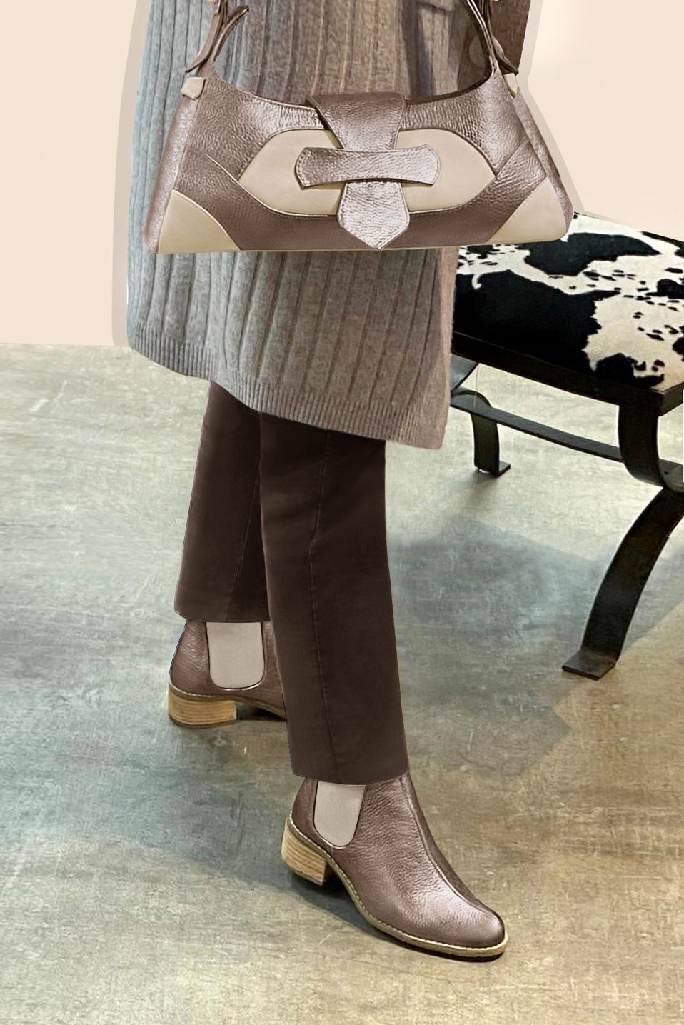 Sac porté à l'épaule habillé femme en cuir vieil or et blanc ivoire - Vue porté