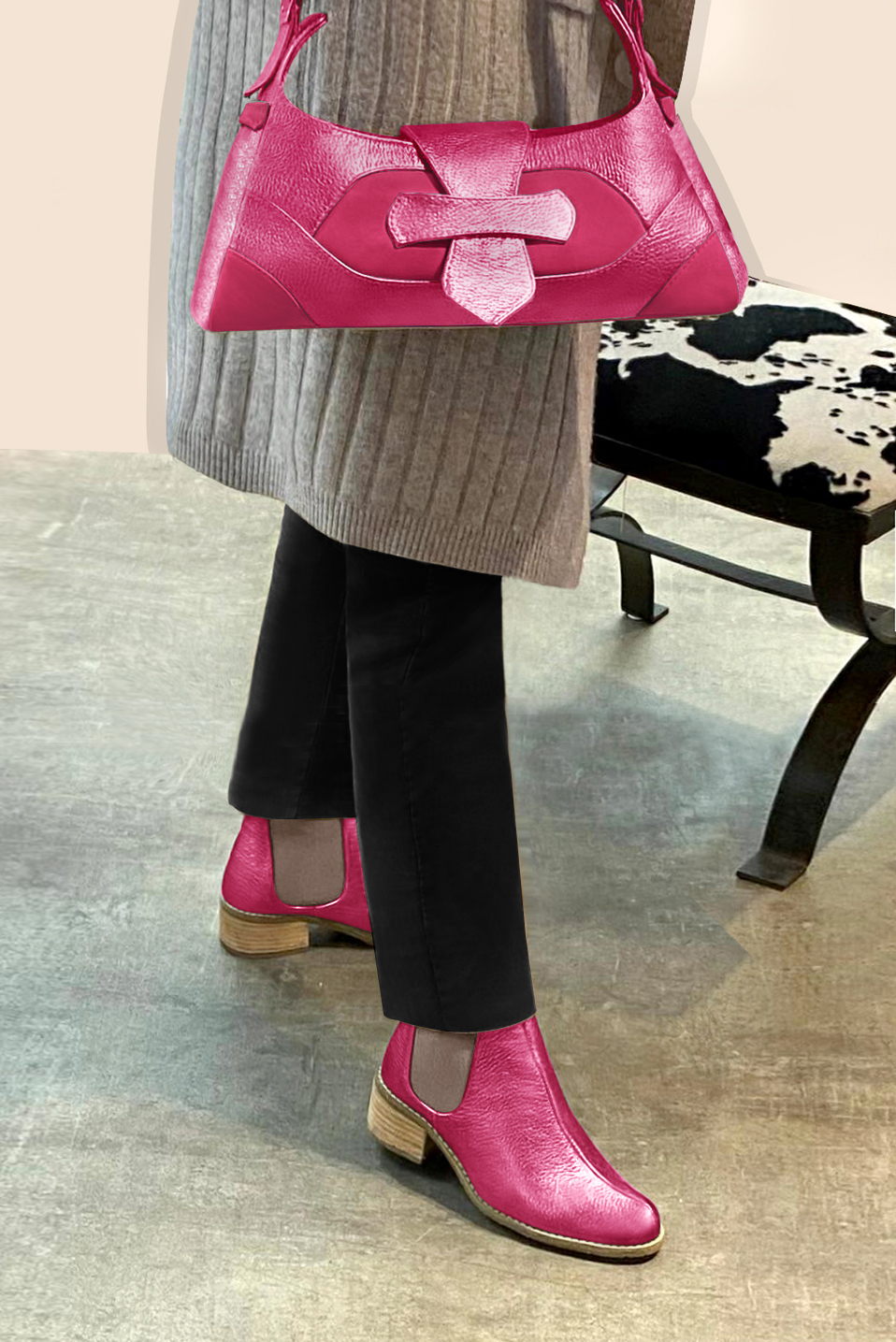 Sac porté à l'épaule habillé femme en cuir rose fuchsia - Vue porté