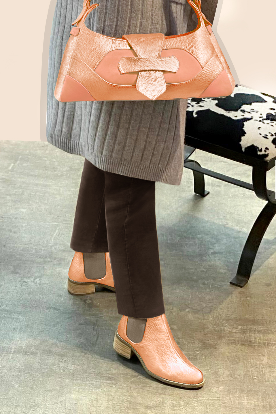 Sac porté à l'épaule habillé femme en cuir pêche et orange curcuma - Vue porté