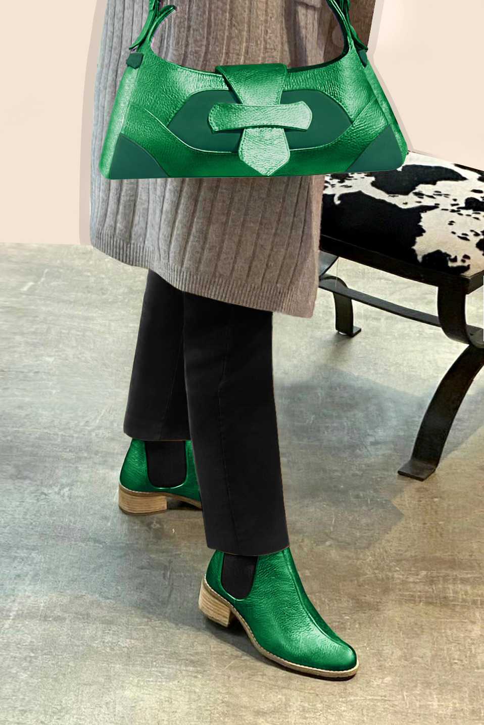 Sac porté à l'épaule habillé femme en cuir vert émeraude - Vue porté