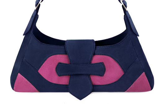 Sac porté à l'épaule habillé femme en cuir bleu marine et rose fuchsia - Vue de profil