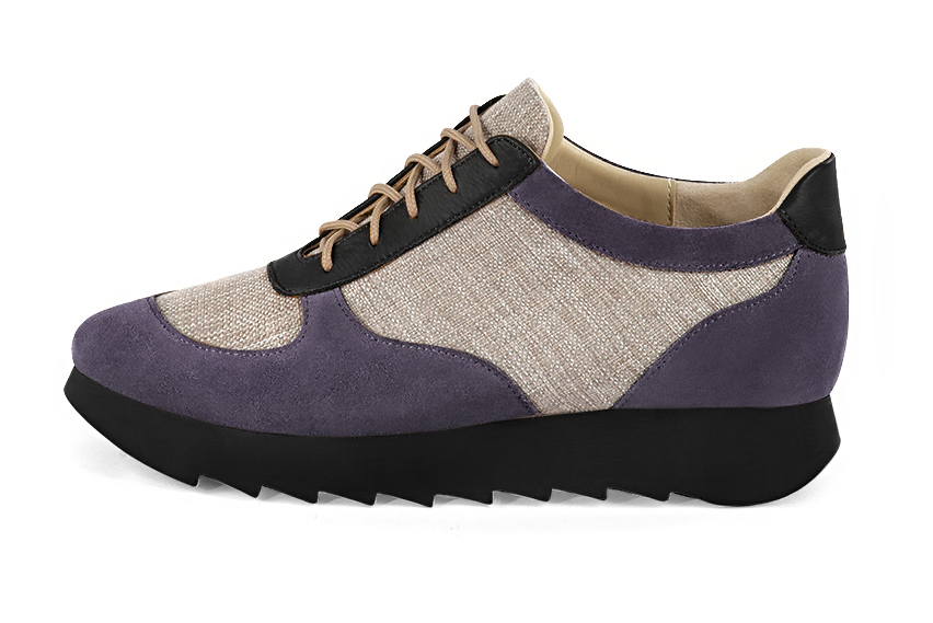 Baskets habillées femme violet lavande et noir satiné - Vue de profil