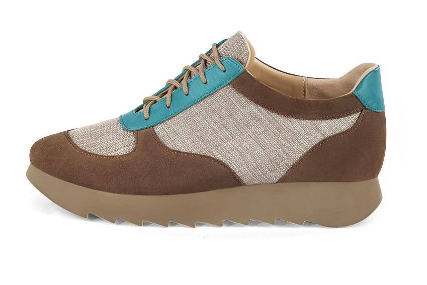 Basket femme habillée : Sneaker urbain tricolore couleur marron chocolat, beige naturel et bleu turquoise. Semelle épaisse. Doublure cuir. Vue de profil - Florence KOOIJMAN