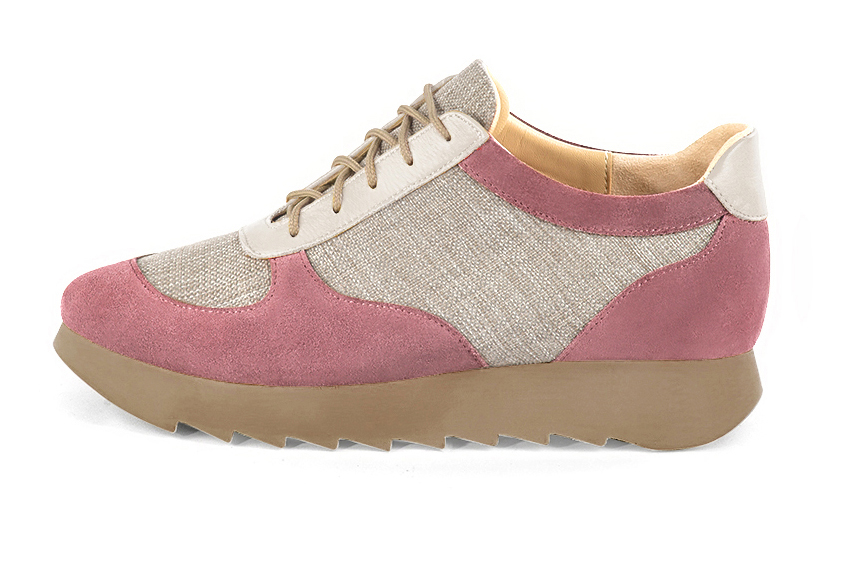 Basket femme habillée : Sneaker urbain tricolore couleur rose vieux rose, beige naturel et blanc cassé. Semelle épaisse. Doublure cuir. Vue de profil - Florence KOOIJMAN