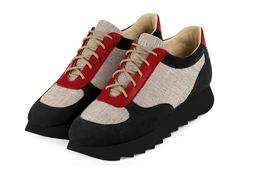 Basket femme habillée : Sneaker urbain tricolore couleur noir mat, beige naturel et rouge carmin. Semelle épaisse. Doublure cuir Vue avant - Florence KOOIJMAN