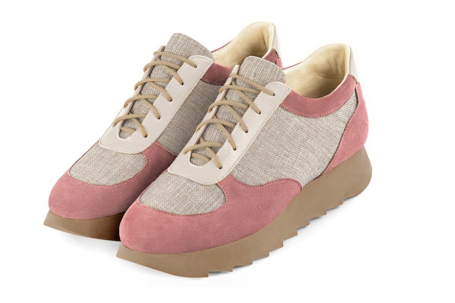 Basket femme habillée : Sneaker urbain tricolore couleur rose vieux rose, beige naturel et blanc cassé. Semelle épaisse. Doublure cuir Vue avant - Florence KOOIJMAN