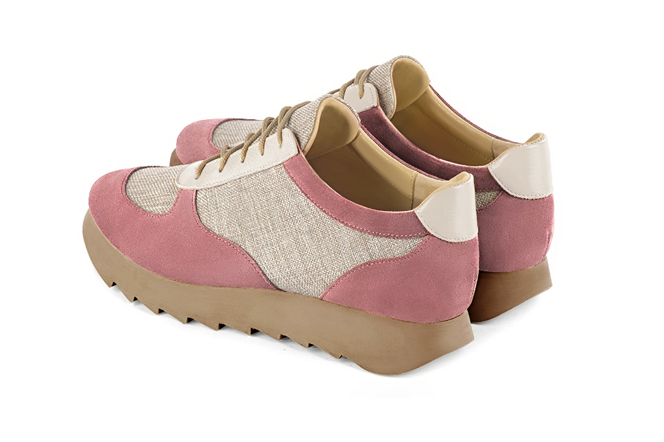 Basket femme habillée : Sneaker urbain tricolore couleur rose vieux rose, beige naturel et blanc cassé. Semelle épaisse. Doublure cuir. Vue arrière - Florence KOOIJMAN