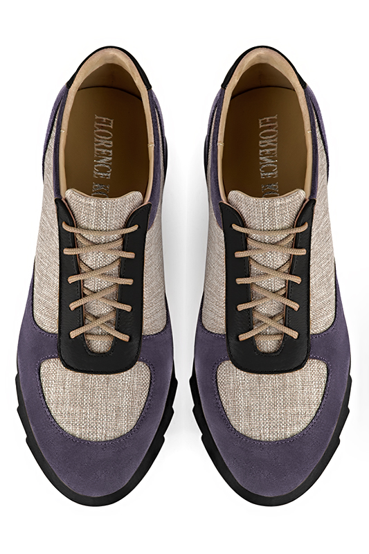 Basket femme habillée : Sneaker urbain tricolore couleur violet lavande et noir satiné. Semelle épaisse. Doublure cuir. Vue du dessus - Florence KOOIJMAN