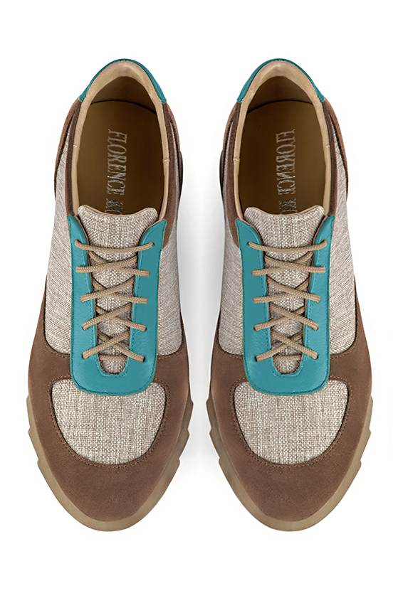Basket femme habillée : Sneaker urbain tricolore couleur marron chocolat, beige naturel et bleu turquoise. Semelle épaisse. Doublure cuir. Vue du dessus - Florence KOOIJMAN