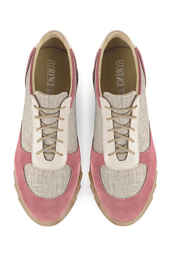 Basket femme habillée : Sneaker urbain tricolore couleur rose vieux rose, beige naturel et blanc cassé. Semelle épaisse. Doublure cuir. Vue du dessus - Florence KOOIJMAN