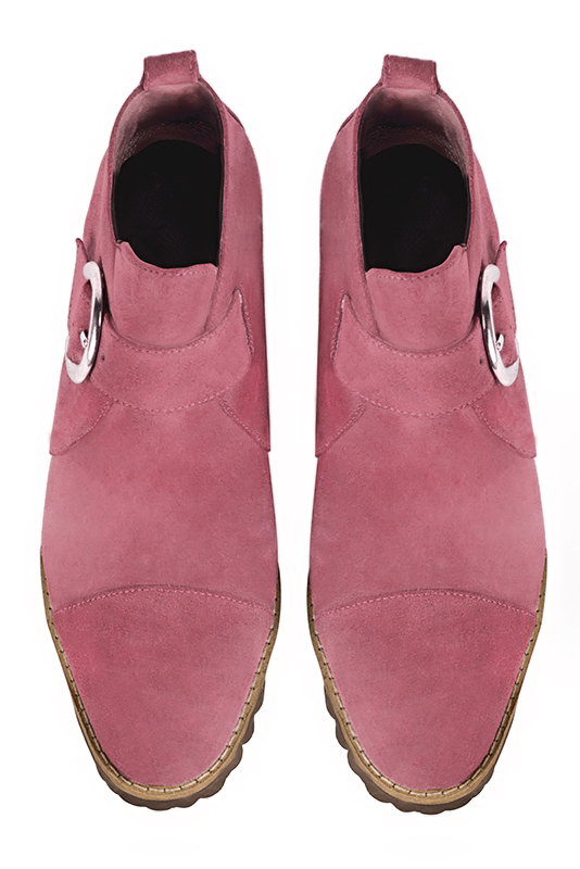 Bottines élégantes et raffinées avec des boucles à l'avant, coloris rose camélia. Bout rond. Mi-haut à haut. Talon bottier. Personnalisation : Choix des cuirs, des couleurs et des talons. Cou-de-pied sur mesure. - Florence KOOIJMAN