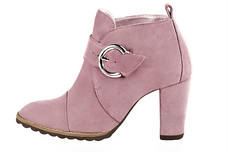 Boots femme : Boots avec des boucles à l'avant couleur rose pâle. Bout rond. Talon haut bottier. Vue de profil - Florence KOOIJMAN