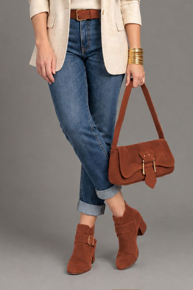 Bottines bride boucle sur l'avant pour femme en cuir terracotta avec bout rond et talon évasé de 4.5 cm - Vue porté