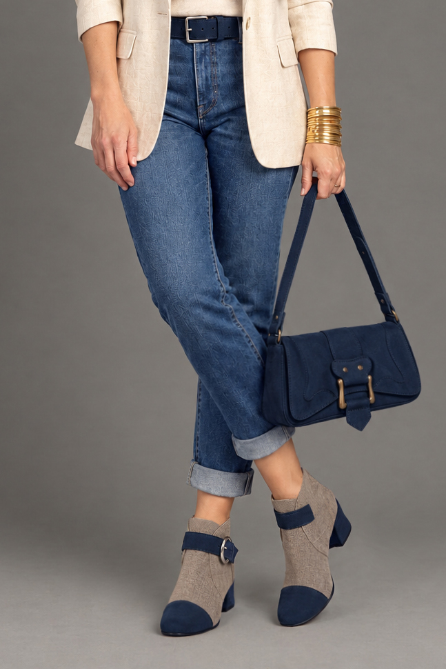 Bottines bride boucle sur l'avant pour femme en cuir bleu marine et sable avec bout rond et talon évasé de 4.5 cm - Vue porté