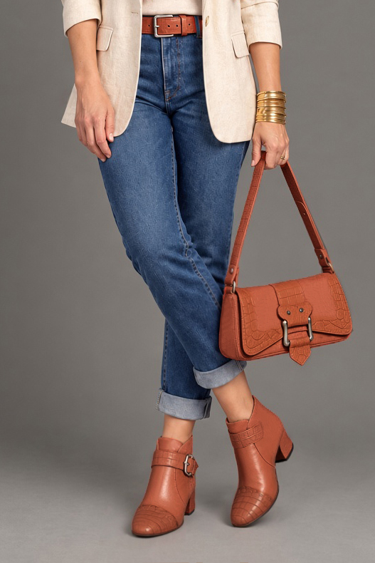 Bottines bride boucle sur l'avant pour femme en cuir terracotta avec bout rond et talon évasé de 4.5 cm - Vue porté