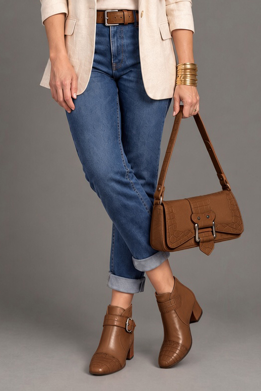 Bottines bride boucle sur l'avant pour femme en cuir cognac avec bout rond et talon évasé de 4.5 cm - Vue porté