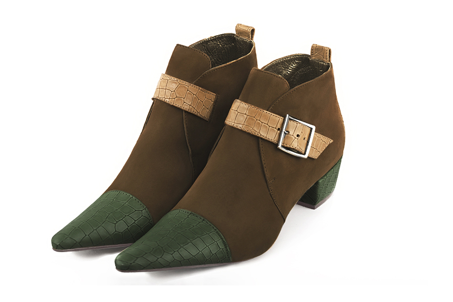 Bottines élégantes et raffinées avec des boucles à l'avant, coloris vert bouteille, marron chocolat et beige camel. Bout pointu. Mi-haut. Talon conique. Personnalisation : Choix des cuirs, des couleurs et des talons. Cou-de-pied sur mesure. - Florence KOOIJMAN