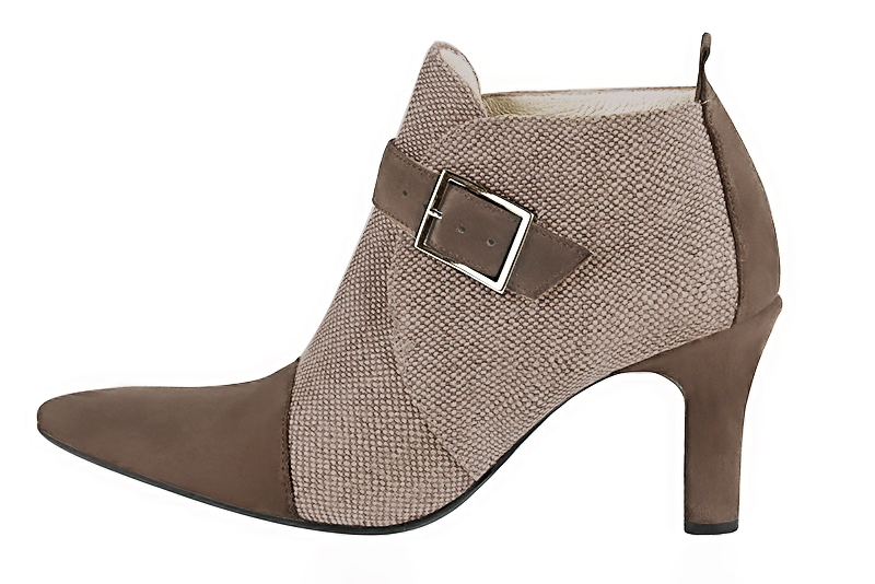 Bottines élégantes et raffinées avec des boucles à l'avant, coloris marron chocolat et beige sahara. Bout effilé. Haut. Talon trotteur. Personnalisation : Choix des cuirs, des couleurs et des talons. Cou-de-pied sur mesure. - Florence KOOIJMAN