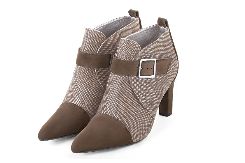 Bottines élégantes et raffinées avec des boucles à l'avant, coloris marron chocolat et beige sahara. Bout effilé. Haut. Talon trotteur. Personnalisation : Choix des cuirs, des couleurs et des talons. Cou-de-pied sur mesure. - Florence KOOIJMAN