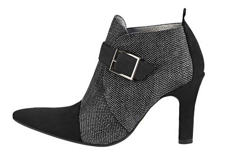 Bottines femme boucles à l'avant noir mat. Bout effilé. Talon trotteur de 9.5 cm - Vue de profil