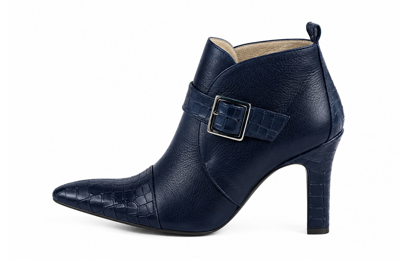 Bottines bride boucle sur l'avant pour femme en cuir bleu marine avec bout effilé et talon trotteur de 9.5 cm - Vue de profil