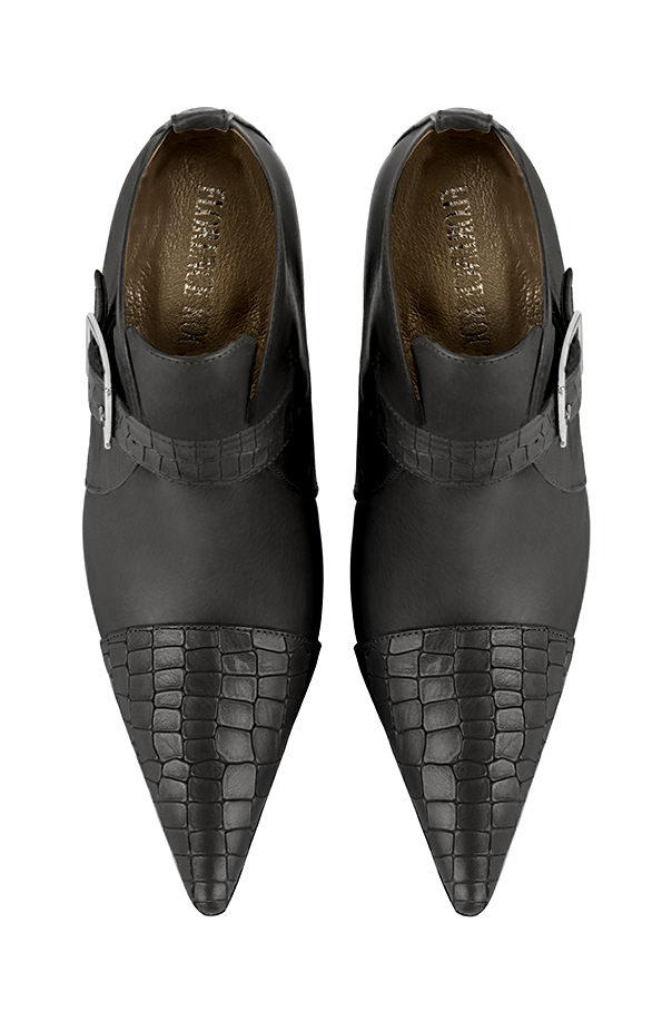 Bottines femme boucles à l'avant gris acier. Bout pointu. Talon fin de 7.5 cm - Vue du dessus