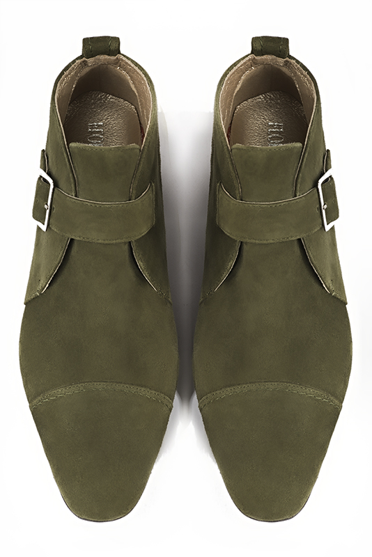 Bottines élégantes et raffinées avec des boucles à l'avant, coloris vert kaki. Bout rond. Mi-haut. Talon bottier. Personnalisation : Choix des cuirs, des couleurs et des talons. Cou-de-pied sur mesure. - Florence KOOIJMAN