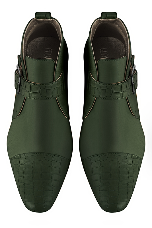 Bottines élégantes et raffinées avec des boucles à l'avant, coloris vert bouteille. Bout rond. Mi-haut. Talon bottier. Personnalisation : Choix des cuirs, des couleurs et des talons. Cou-de-pied sur mesure. - Florence KOOIJMAN