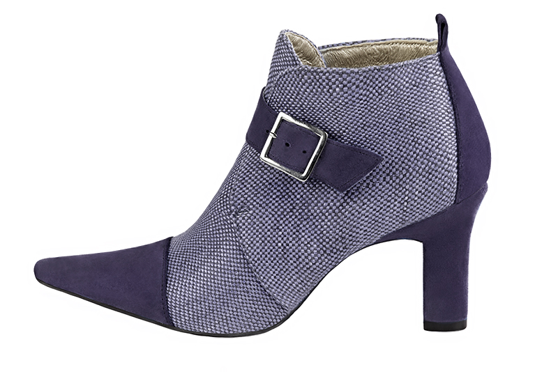 Bottines élégantes et raffinées avec des boucles à l'avant, coloris violet lavande. Bout effilé. Haut. Talon trotteur. Personnalisation : Choix des cuirs, des couleurs et des talons. Cou-de-pied sur mesure. - Florence KOOIJMAN