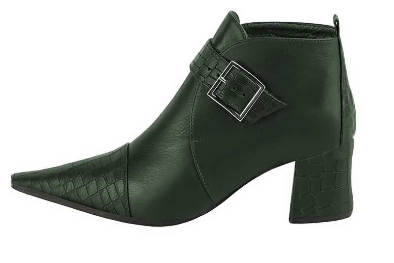 Bottines élégantes et raffinées avec des boucles à l'avant, coloris vert bouteille. Bout effilé. Mi-haut à haut. Talon bottier. Personnalisation : Choix des cuirs, des couleurs et des talons. Cou-de-pied sur mesure. - Florence KOOIJMAN