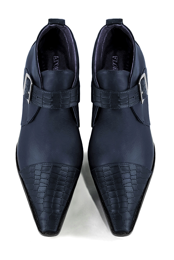 Bottines élégantes et raffinées avec des boucles à l'avant, coloris bleu marine. Bout effilé. Mi-haut à haut. Talon bottier. Personnalisation : Choix des cuirs, des couleurs et des talons. Cou-de-pied sur mesure. - Florence KOOIJMAN