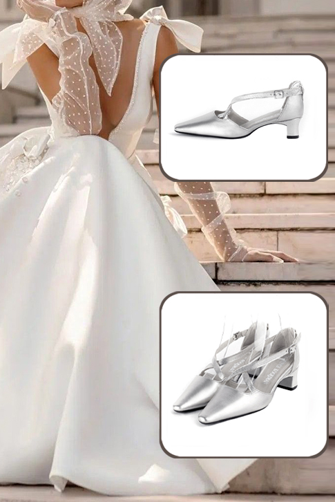 Escarpins habillés brides croisées milieu ouvert cuir argent à talon trotteur de 4.5 cm et bout effilé - Vue porté