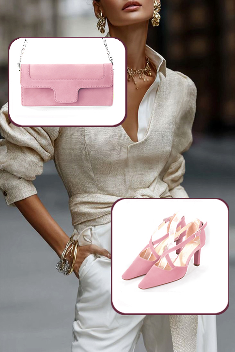 Escarpins habillés brides croisées côtés ajourés en cuir rose camélia à talon fin de 7.5 cm et bout effilé - Vue porté
