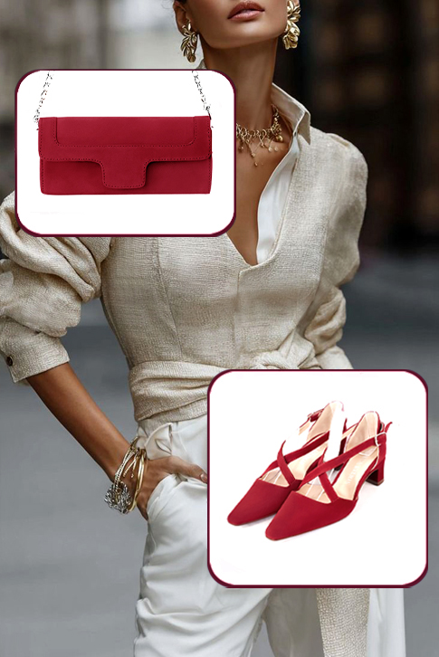Escarpins habillés brides croisées côtés ajourés en cuir rouge carmin à talon trotteur de 4.5 cm et bout effilé - Vue porté