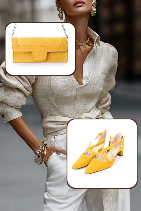 Escarpins habillés brides croisées milieu ouvert cuir jaune à talon trotteur de 4.5 cm et bout effilé - Vue porté