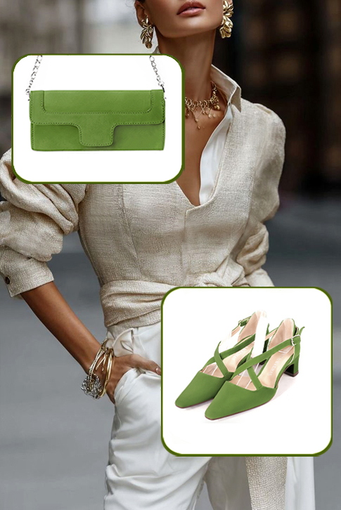 Escarpins habillés brides croisées milieu ouvert cuir vert anis à talon trotteur de 4.5 cm et bout effilé - Vue porté