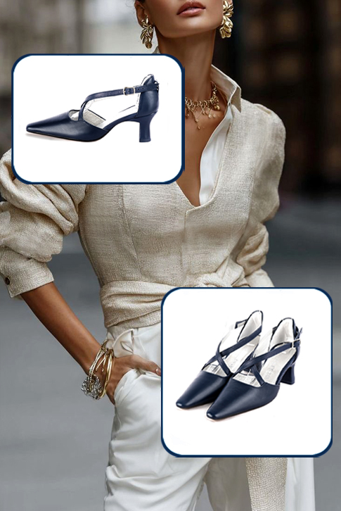 Escarpins habillés brides croisées milieu ouvert cuir bleu marine à talon bobine de 6 cm et bout effilé - Vue porté