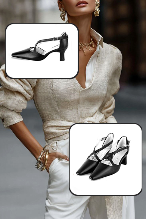 Escarpins habillés brides croisées milieu ouvert cuir noir satiné à talon bobine de 6 cm et bout effilé - Vue porté