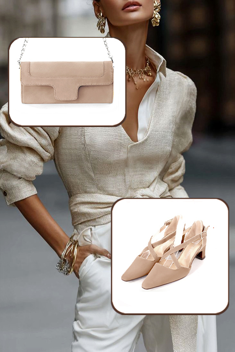 Escarpins habillés brides croisées milieu ouvert cuir beige biscuit à talon trotteur de 4.5 cm et bout effilé - Vue porté