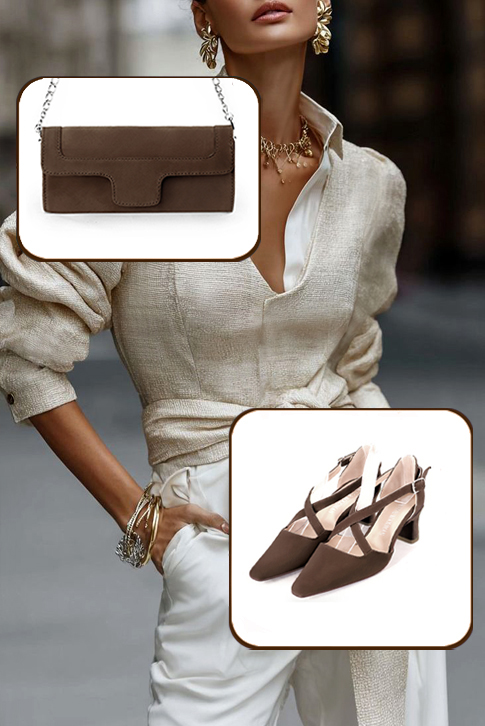 Escarpins habillés brides croisées milieu ouvert cuir marron chocolat à talon bobine de 6 cm et bout effilé - Vue porté