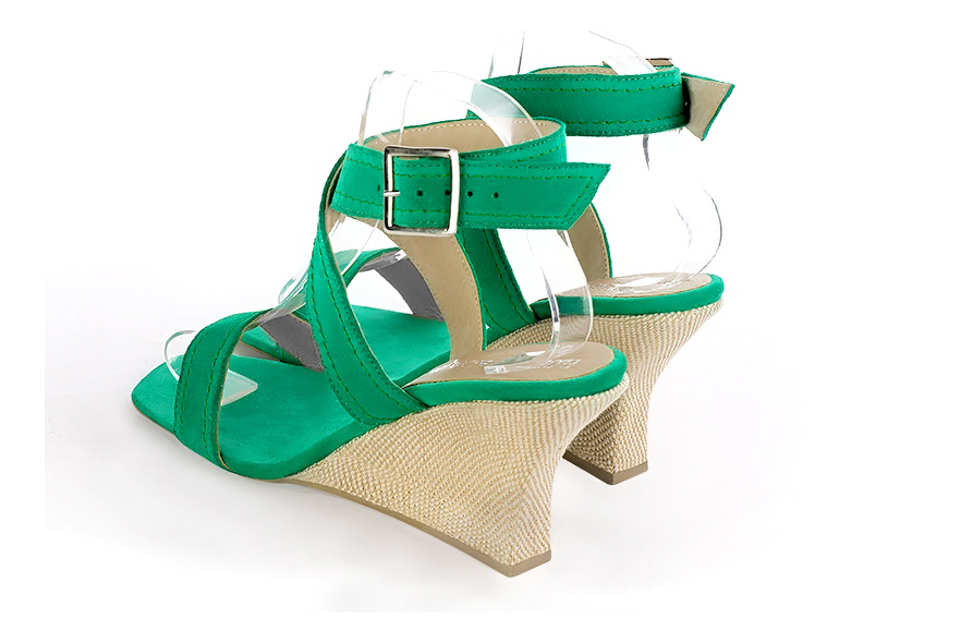 Sandales habillées femme brides croisées cuir vert émeraude à talon compensé de 8.5 cm et bout carré - Vue arrière