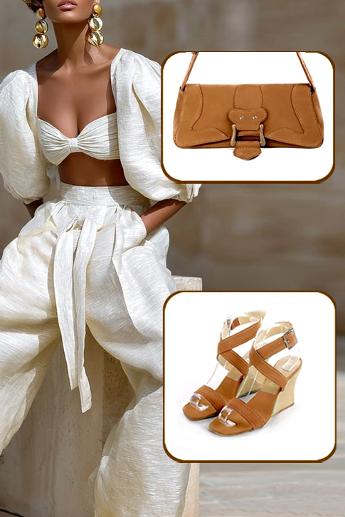 Sandales femme brides croisées complètement ouvertes beige camel. Bout carré. Talon compensé de 8.5 cm - Vue porté