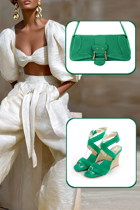 Sandales habillées femme brides croisées cuir vert émeraude à talon compensé de 8.5 cm et bout carré - Vue porté