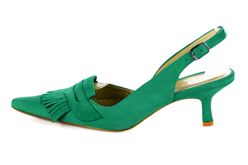 Chaussure femme à brides :  couleur vert émeraude. Bout pointu. Talon mi-haut bobine. Vue de profil - Florence KOOIJMAN