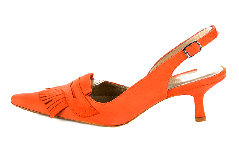 Chaussure femme à brides :  couleur orange clémentine. Bout pointu. Talon mi-haut bobine. Vue de profil - Florence KOOIJMAN